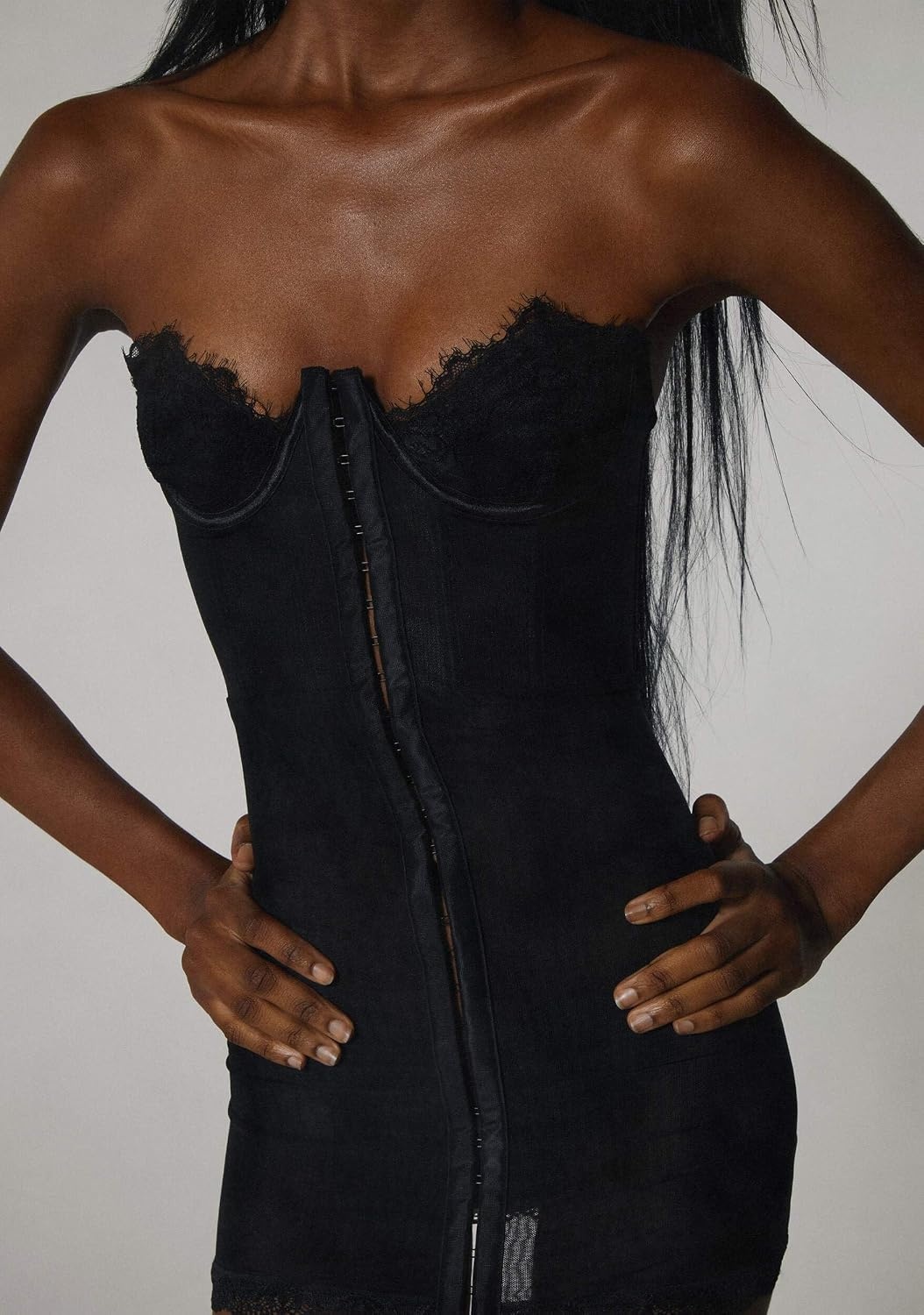 image:imageDolls Kill Captivating Gazes Slip Dress by Current Mood Mesh Slip Dress with Lace Trim Underwire Bust Structured Boning HookandEye Front and Mini SilhouetteDeep Black