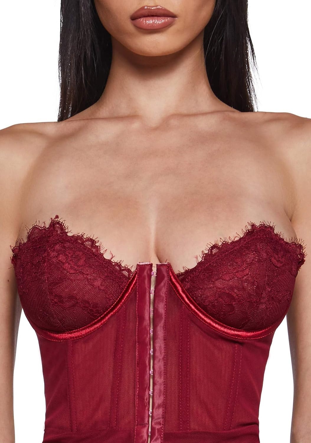 image:imageDolls Kill Captivating Gazes Slip Dress by Current Mood Mesh Slip Dress with Lace Trim Underwire Bust Structured Boning HookandEye Front and Mini SilhouetteRed