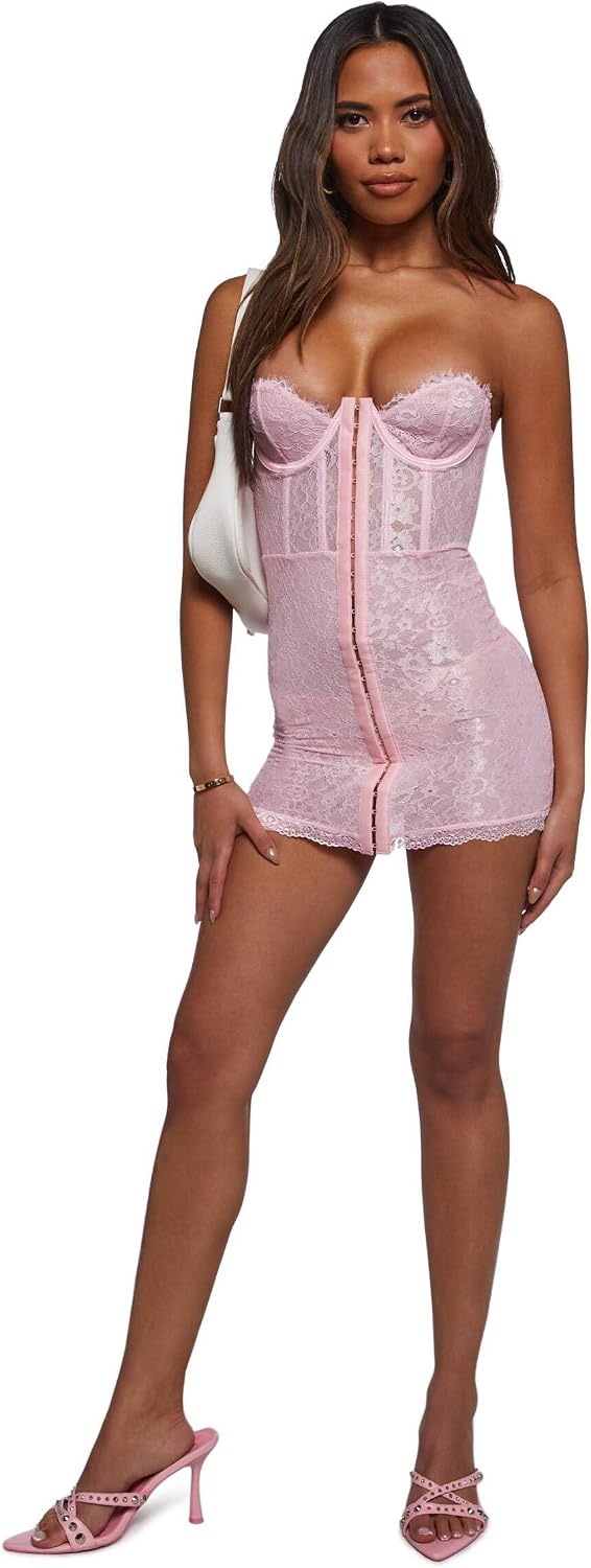 image:imageDolls Kill Captivating Gazes Slip Dress by Current Mood Mesh Slip Dress with Lace Trim Underwire Bust Structured Boning HookandEye Front and Mini SilhouettePink