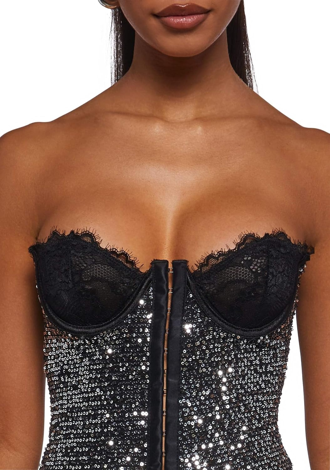 image:imageDolls Kill Captivating Gazes Slip Dress by Current Mood Mesh Slip Dress with Lace Trim Underwire Bust Structured Boning HookandEye Front and Mini SilhouetteSilver