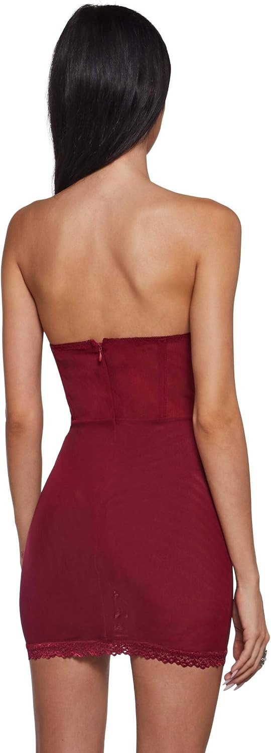image:imageDolls Kill Captivating Gazes Slip Dress by Current Mood Mesh Slip Dress with Lace Trim Underwire Bust Structured Boning HookandEye Front and Mini SilhouetteRed