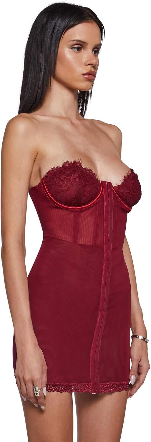 image:imageDolls Kill Captivating Gazes Slip Dress by Current Mood Mesh Slip Dress with Lace Trim Underwire Bust Structured Boning HookandEye Front and Mini SilhouetteRed