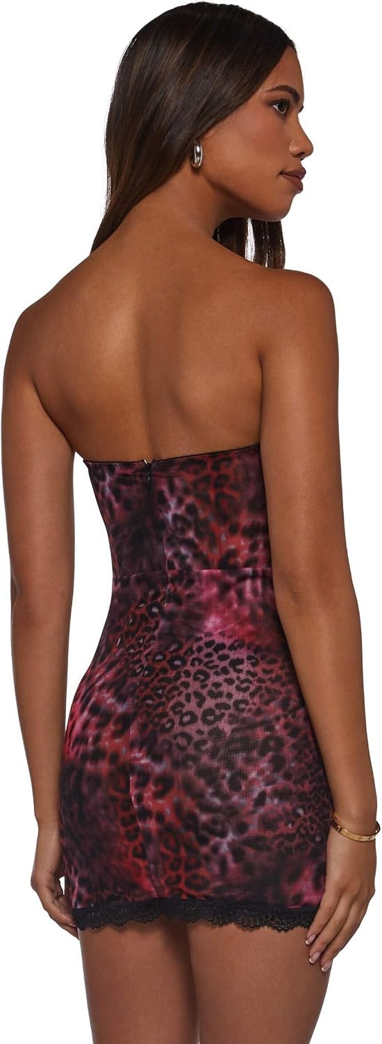 image:imageDolls Kill Captivating Gazes Slip Dress by Current Mood Mesh Slip Dress with Lace Trim Underwire Bust Structured Boning HookandEye Front and Mini SilhouettePink Leopard