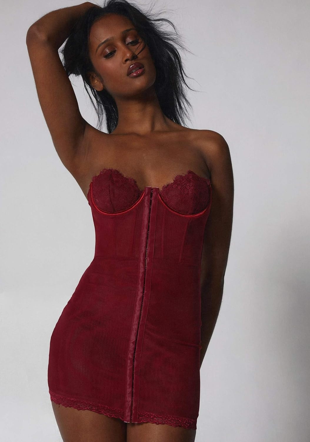 image:imageDolls Kill Captivating Gazes Slip Dress by Current Mood Mesh Slip Dress with Lace Trim Underwire Bust Structured Boning HookandEye Front and Mini SilhouetteRed