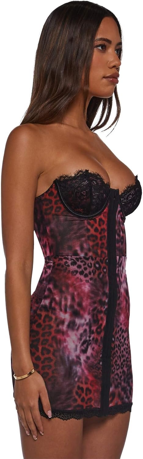 image:imageDolls Kill Captivating Gazes Slip Dress by Current Mood Mesh Slip Dress with Lace Trim Underwire Bust Structured Boning HookandEye Front and Mini SilhouettePink Leopard
