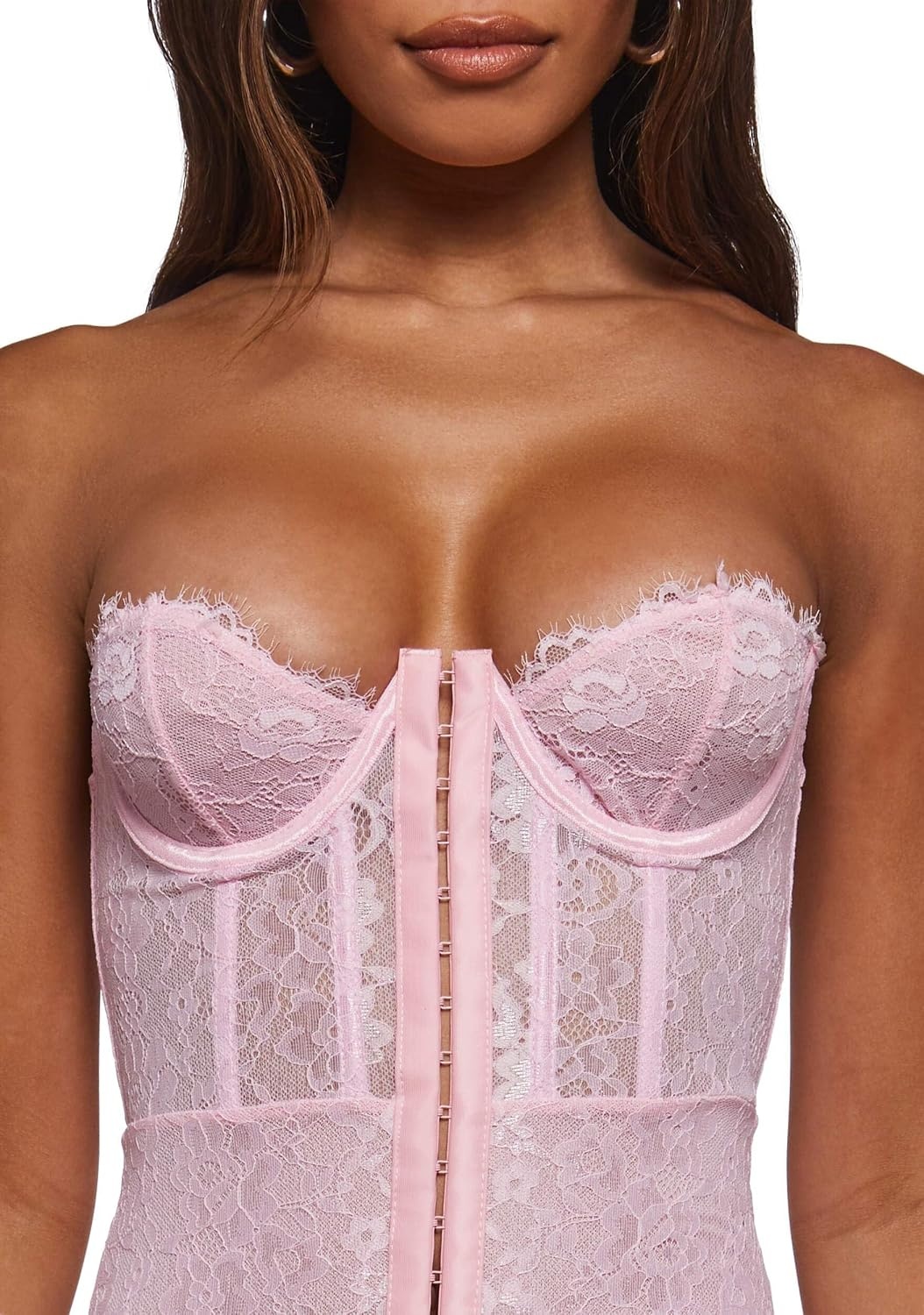 image:imageDolls Kill Captivating Gazes Slip Dress by Current Mood Mesh Slip Dress with Lace Trim Underwire Bust Structured Boning HookandEye Front and Mini SilhouettePink