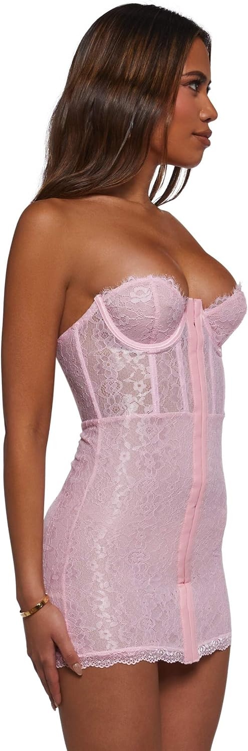image:imageDolls Kill Captivating Gazes Slip Dress by Current Mood Mesh Slip Dress with Lace Trim Underwire Bust Structured Boning HookandEye Front and Mini SilhouettePink