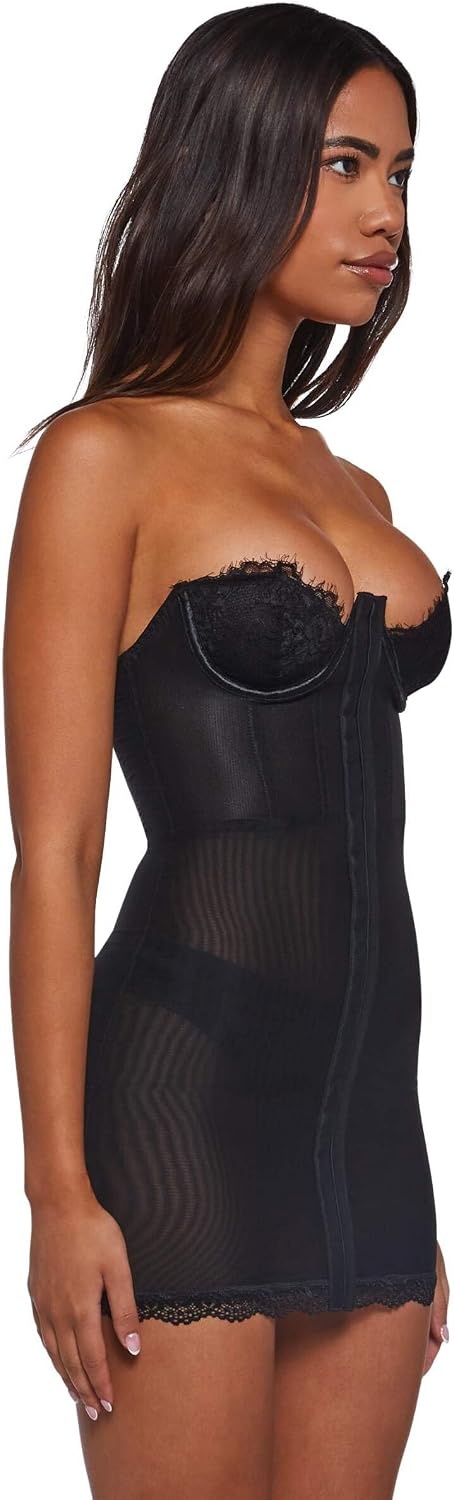 image:imageDolls Kill Captivating Gazes Slip Dress by Current Mood Mesh Slip Dress with Lace Trim Underwire Bust Structured Boning HookandEye Front and Mini SilhouetteDeep Black