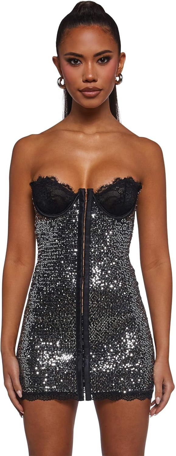 image:imageDolls Kill Captivating Gazes Slip Dress by Current Mood Mesh Slip Dress with Lace Trim Underwire Bust Structured Boning HookandEye Front and Mini SilhouetteSilver