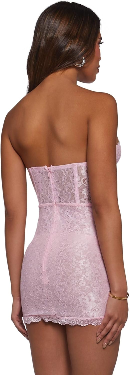 image:imageDolls Kill Captivating Gazes Slip Dress by Current Mood Mesh Slip Dress with Lace Trim Underwire Bust Structured Boning HookandEye Front and Mini SilhouettePink