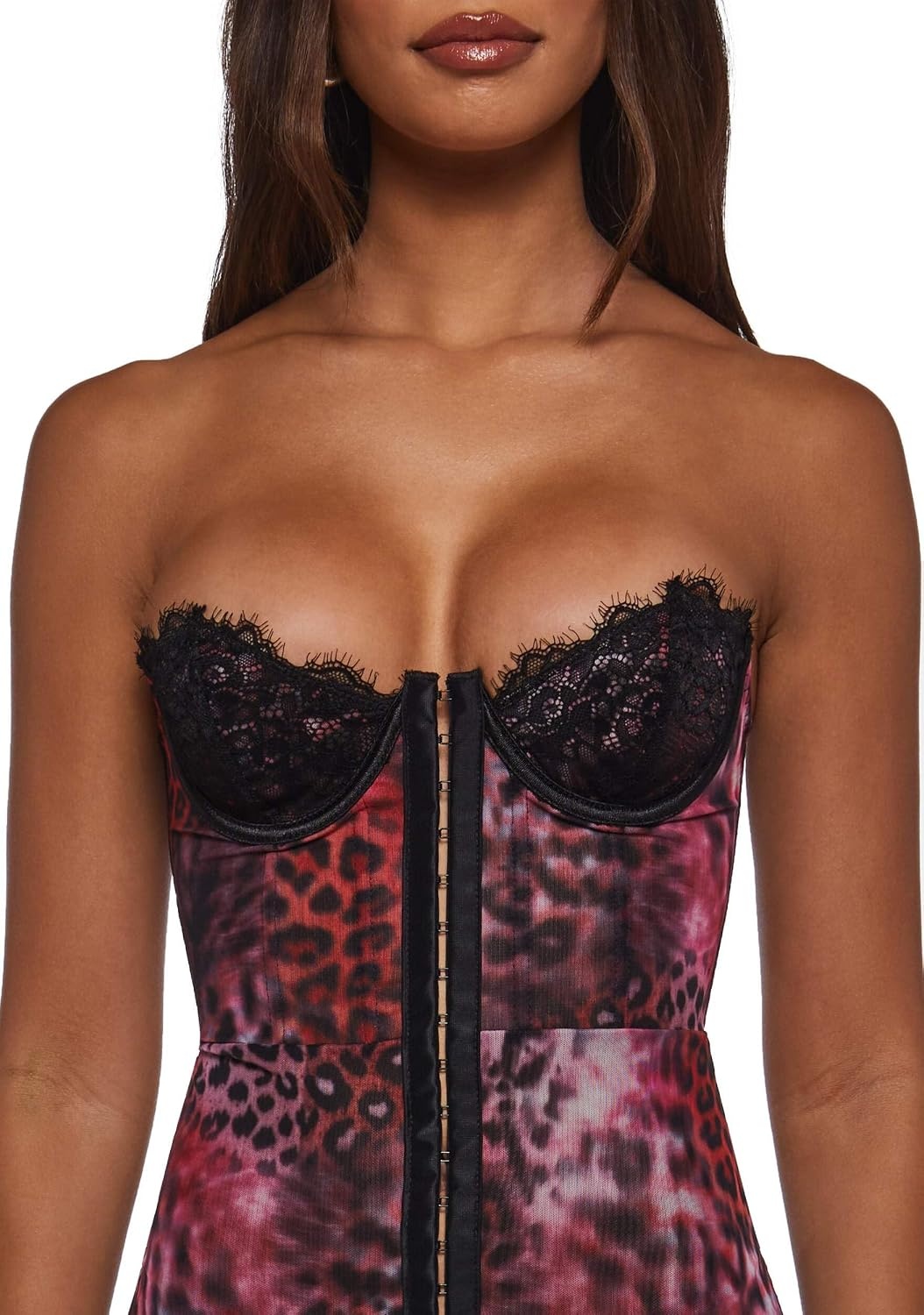 image:imageDolls Kill Captivating Gazes Slip Dress by Current Mood Mesh Slip Dress with Lace Trim Underwire Bust Structured Boning HookandEye Front and Mini SilhouettePink Leopard