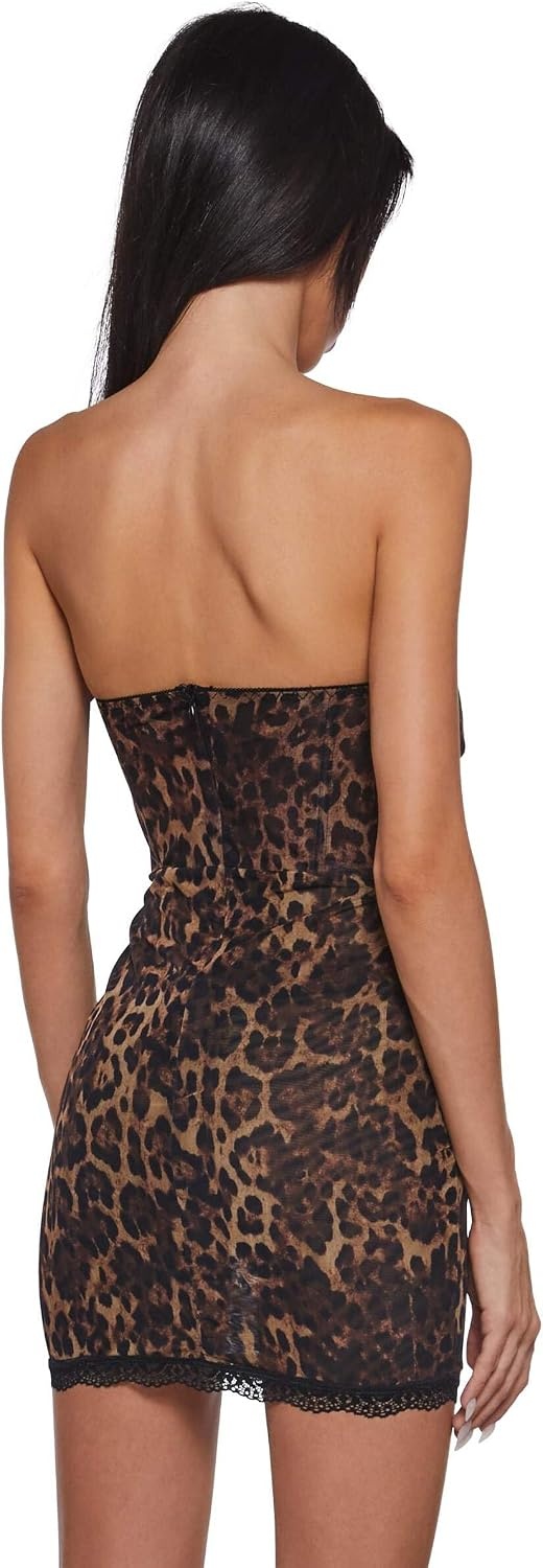 image:imageDolls Kill Captivating Gazes Slip Dress by Current Mood Mesh Slip Dress with Lace Trim Underwire Bust Structured Boning HookandEye Front and Mini SilhouetteLeopard