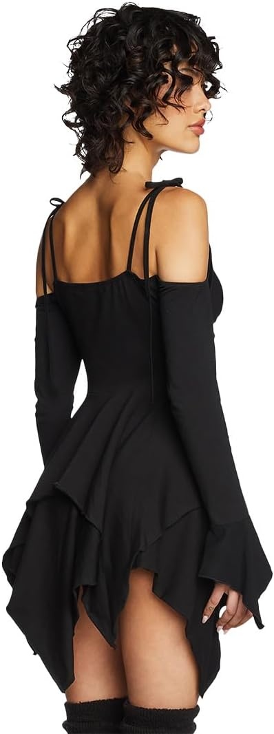 image:imageDolls Kill F is for Fairies Dress by Current Mood Fairycore Mini Dress with OffShoulder Sleeves Tie Straps and Ruched BustBlack