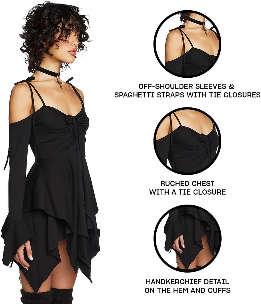 image:imageDolls Kill F is for Fairies Dress by Current Mood Fairycore Mini Dress with OffShoulder Sleeves Tie Straps and Ruched BustBlack