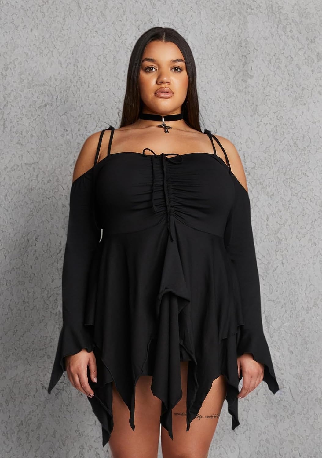 image:imageDolls Kill F is for Fairies Dress by Current Mood Fairycore Mini Dress with OffShoulder Sleeves Tie Straps and Ruched BustBlack