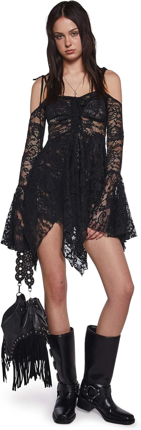 image:imageDolls Kill F is for Fairies Dress by Current Mood Fairycore Mini Dress with OffShoulder Sleeves Tie Straps and Ruched BustBlack Lace