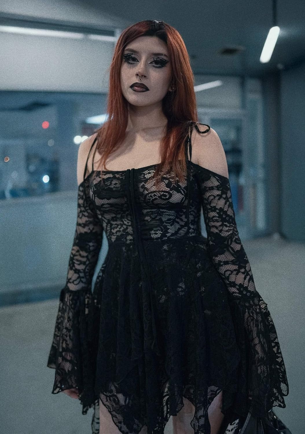 image:imageDolls Kill F is for Fairies Dress by Current Mood Fairycore Mini Dress with OffShoulder Sleeves Tie Straps and Ruched BustBlack Lace