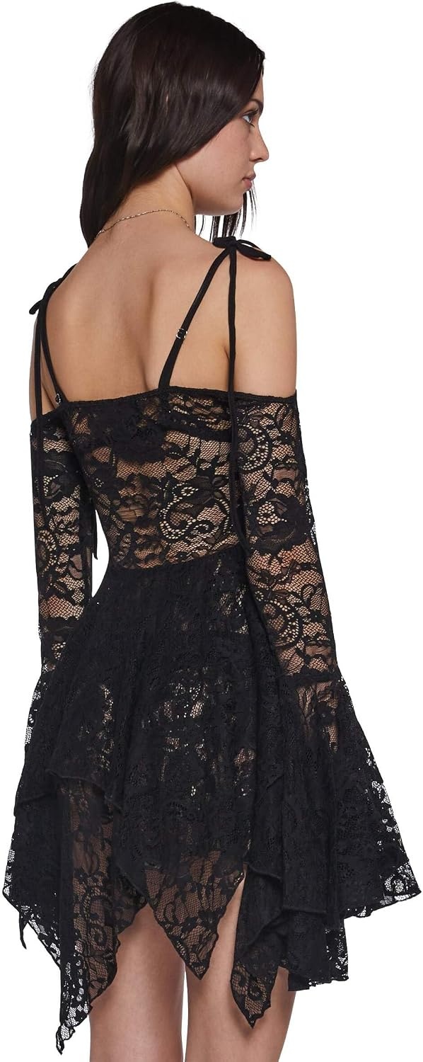 image:imageDolls Kill F is for Fairies Dress by Current Mood Fairycore Mini Dress with OffShoulder Sleeves Tie Straps and Ruched BustBlack Lace