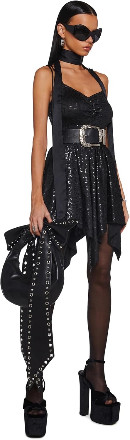 image:imageDolls Kill F is for Fairies Dress by Current Mood Fairycore Mini Dress with OffShoulder Sleeves Tie Straps and Ruched BustBlack Sequin