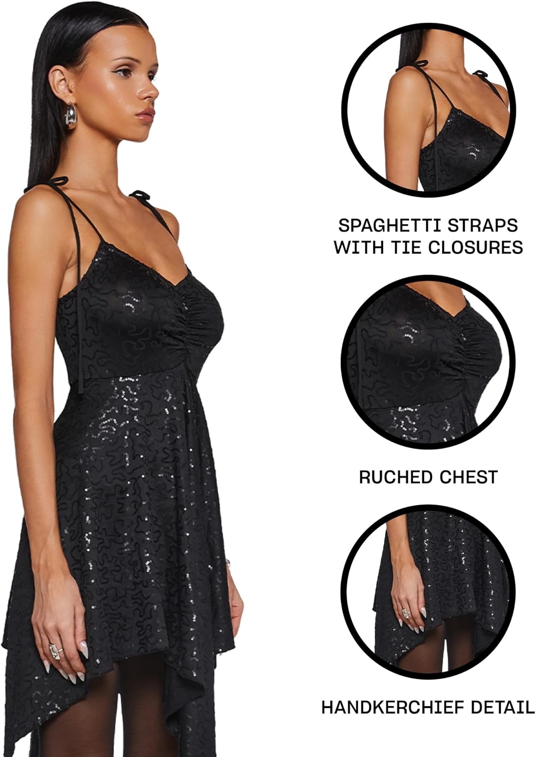 image:imageDolls Kill F is for Fairies Dress by Current Mood Fairycore Mini Dress with OffShoulder Sleeves Tie Straps and Ruched BustBlack Sequin