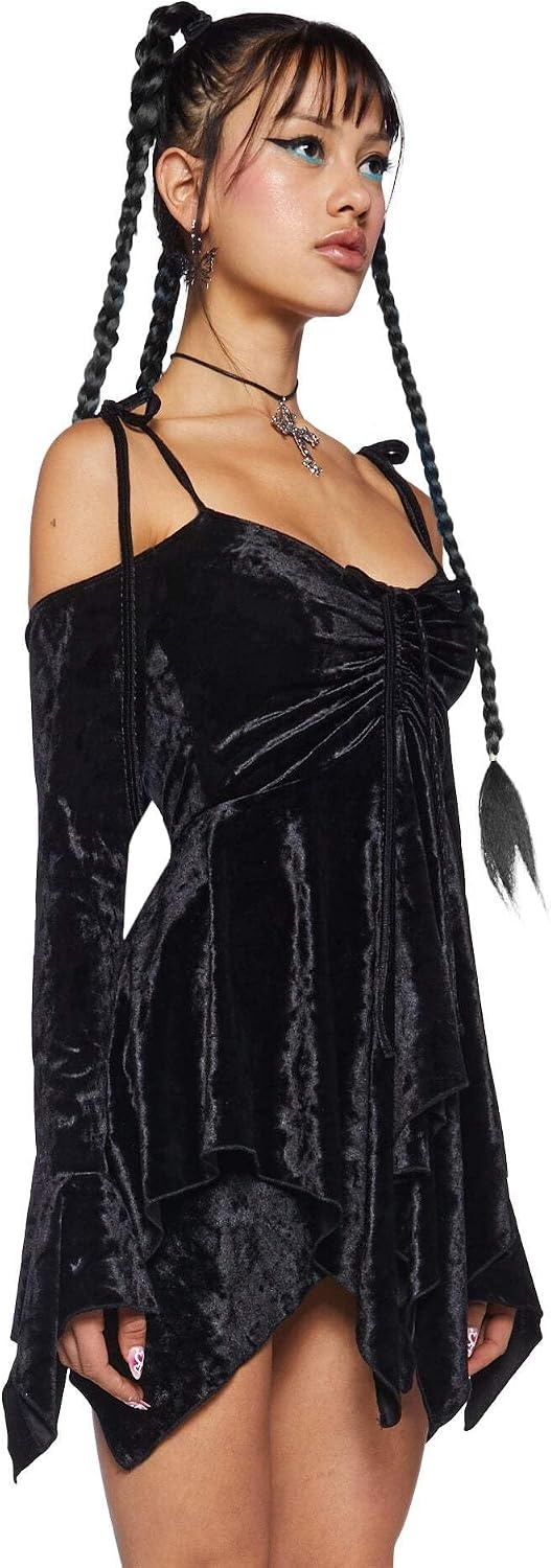 image:imageDolls Kill F is for Fairies Dress by Current Mood Fairycore Mini Dress with OffShoulder Sleeves Tie Straps and Ruched BustBlack Velvet