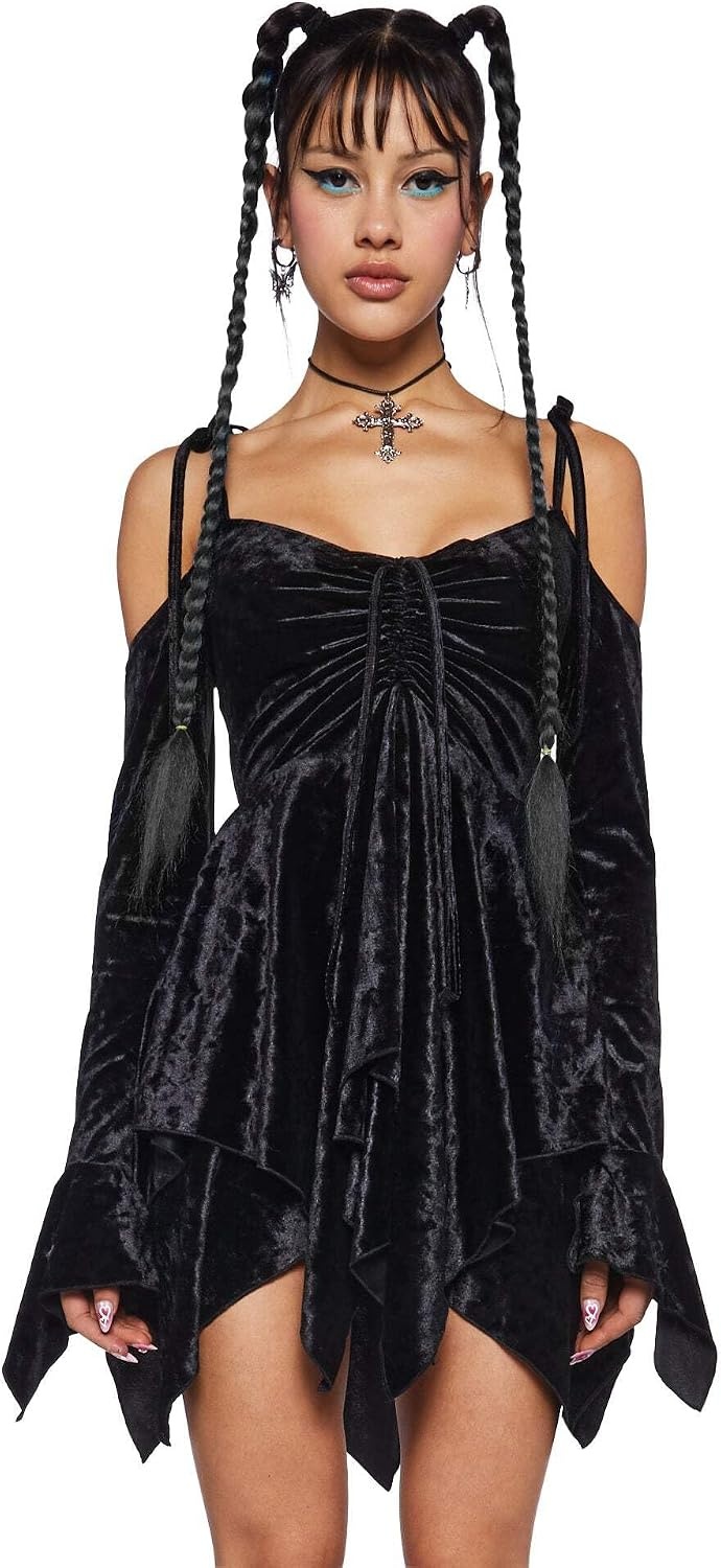 image:imageDolls Kill F is for Fairies Dress by Current Mood Fairycore Mini Dress with OffShoulder Sleeves Tie Straps and Ruched BustBlack Velvet
