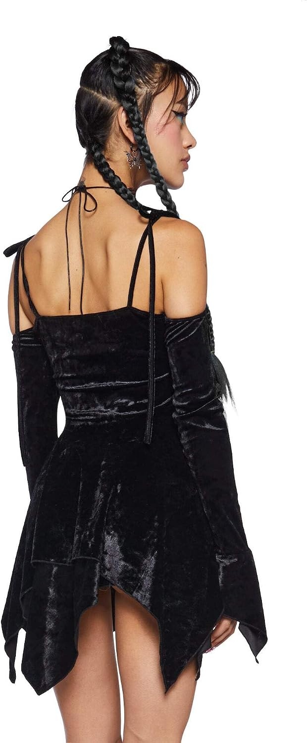 image:imageDolls Kill F is for Fairies Dress by Current Mood Fairycore Mini Dress with OffShoulder Sleeves Tie Straps and Ruched BustBlack Velvet