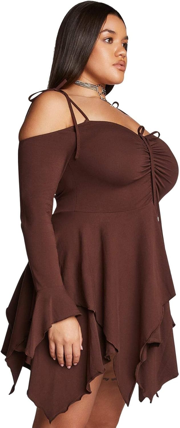 image:imageDolls Kill F is for Fairies Dress by Current Mood Fairycore Mini Dress with OffShoulder Sleeves Tie Straps and Ruched BustBrown