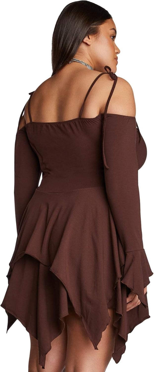 image:imageDolls Kill F is for Fairies Dress by Current Mood Fairycore Mini Dress with OffShoulder Sleeves Tie Straps and Ruched BustBrown