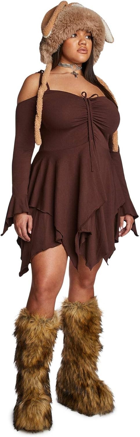 image:imageDolls Kill F is for Fairies Dress by Current Mood Fairycore Mini Dress with OffShoulder Sleeves Tie Straps and Ruched BustBrown
