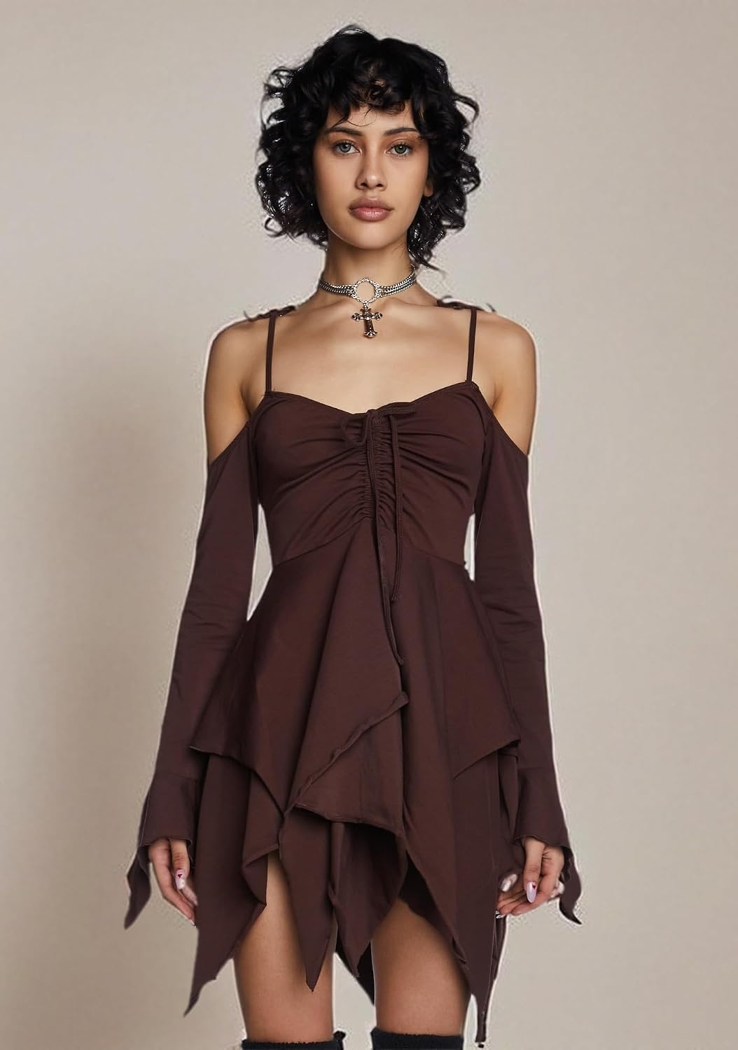 image:imageDolls Kill F is for Fairies Dress by Current Mood Fairycore Mini Dress with OffShoulder Sleeves Tie Straps and Ruched BustBrown
