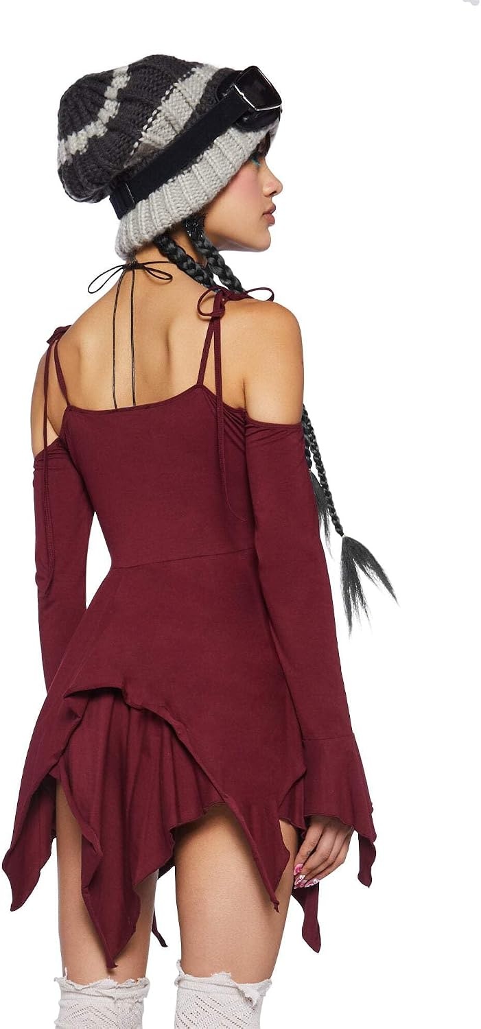 image:imageDolls Kill F is for Fairies Dress by Current Mood Fairycore Mini Dress with OffShoulder Sleeves Tie Straps and Ruched BustBurgundy