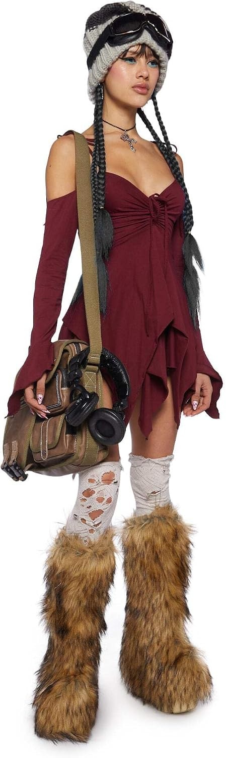 image:imageDolls Kill F is for Fairies Dress by Current Mood Fairycore Mini Dress with OffShoulder Sleeves Tie Straps and Ruched BustBurgundy