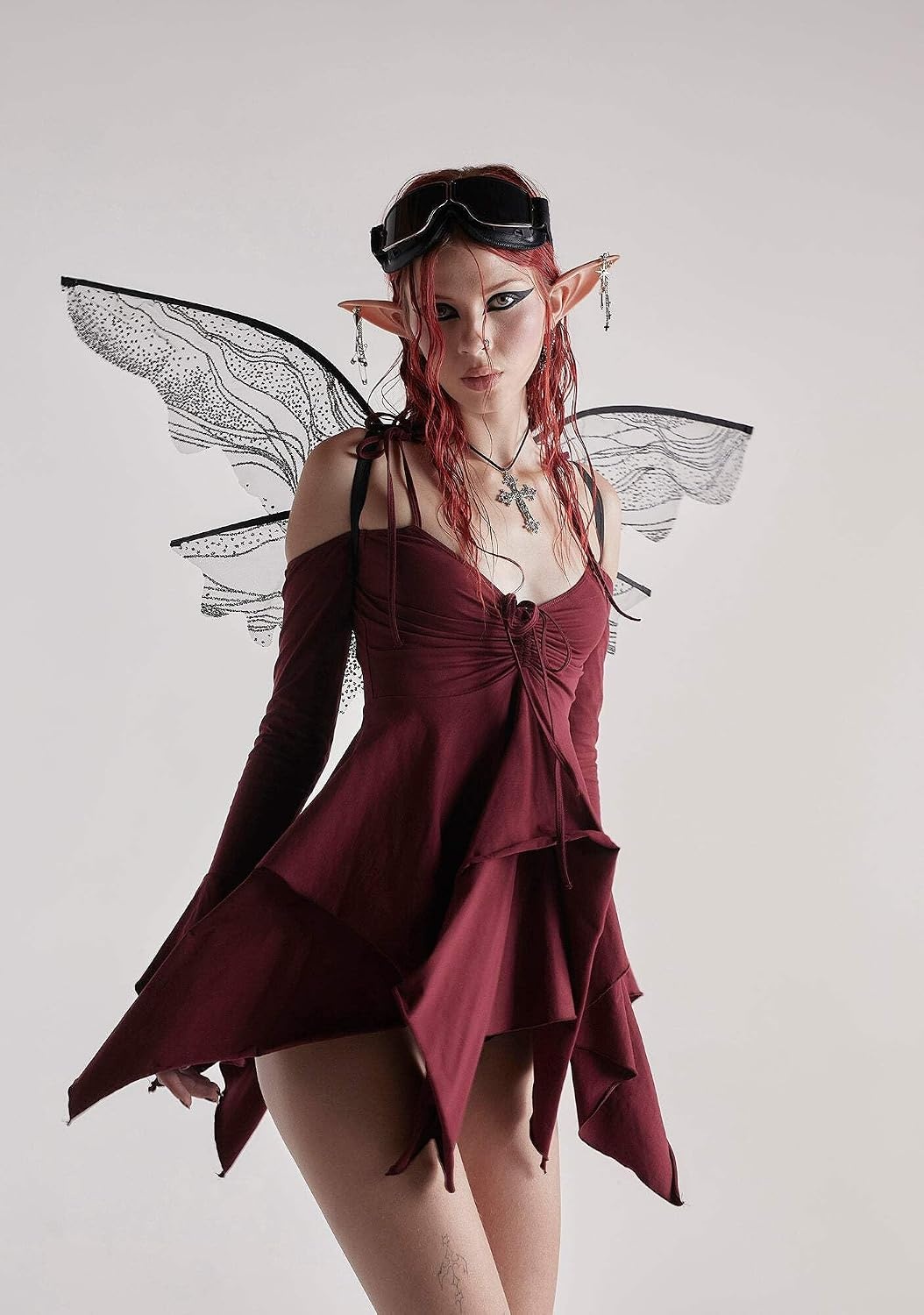 image:imageDolls Kill F is for Fairies Dress by Current Mood Fairycore Mini Dress with OffShoulder Sleeves Tie Straps and Ruched BustBurgundy