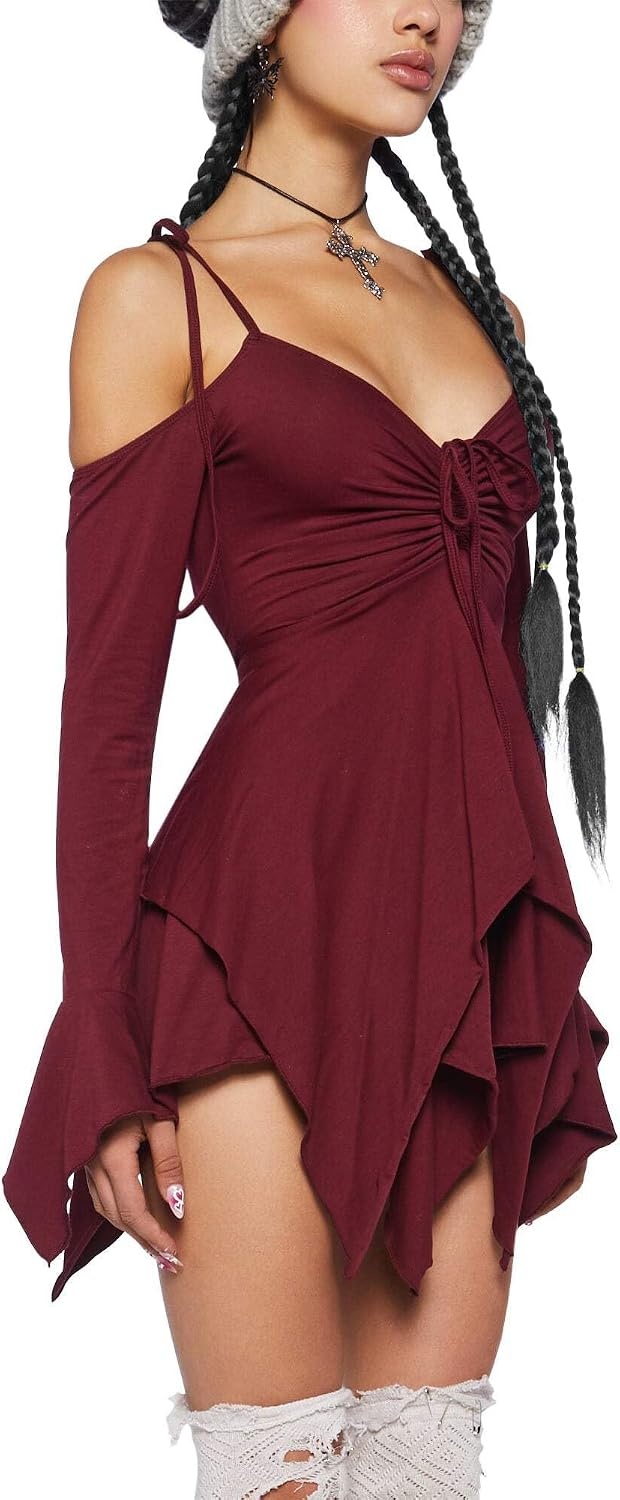 image:imageDolls Kill F is for Fairies Dress by Current Mood Fairycore Mini Dress with OffShoulder Sleeves Tie Straps and Ruched BustBurgundy