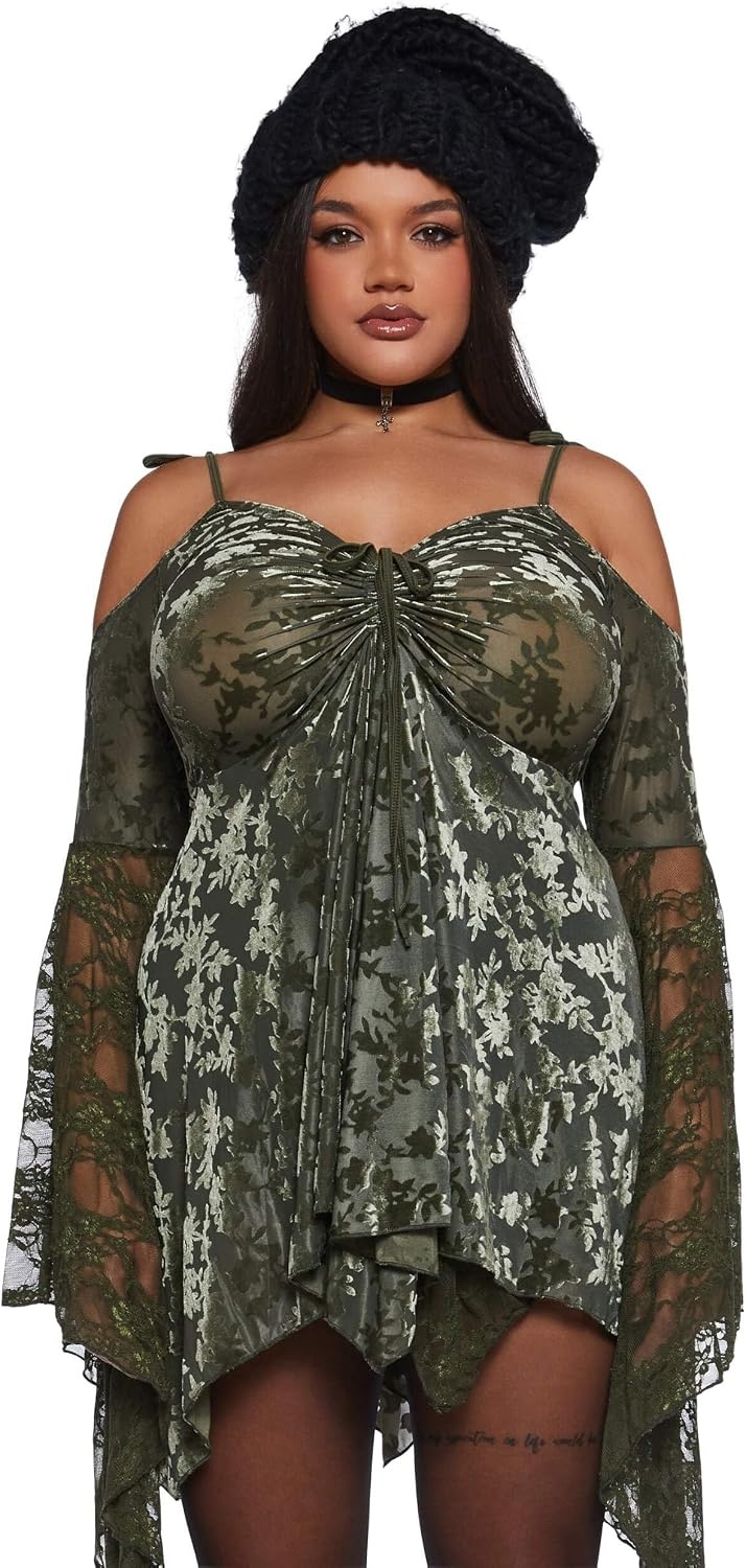 image:imageDolls Kill F is for Fairies Dress by Current Mood Fairycore Mini Dress with OffShoulder Sleeves Tie Straps and Ruched BustGreen Velvet Lace