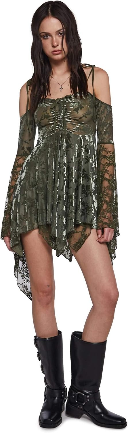 image:imageDolls Kill F is for Fairies Dress by Current Mood Fairycore Mini Dress with OffShoulder Sleeves Tie Straps and Ruched BustGreen Velvet Lace