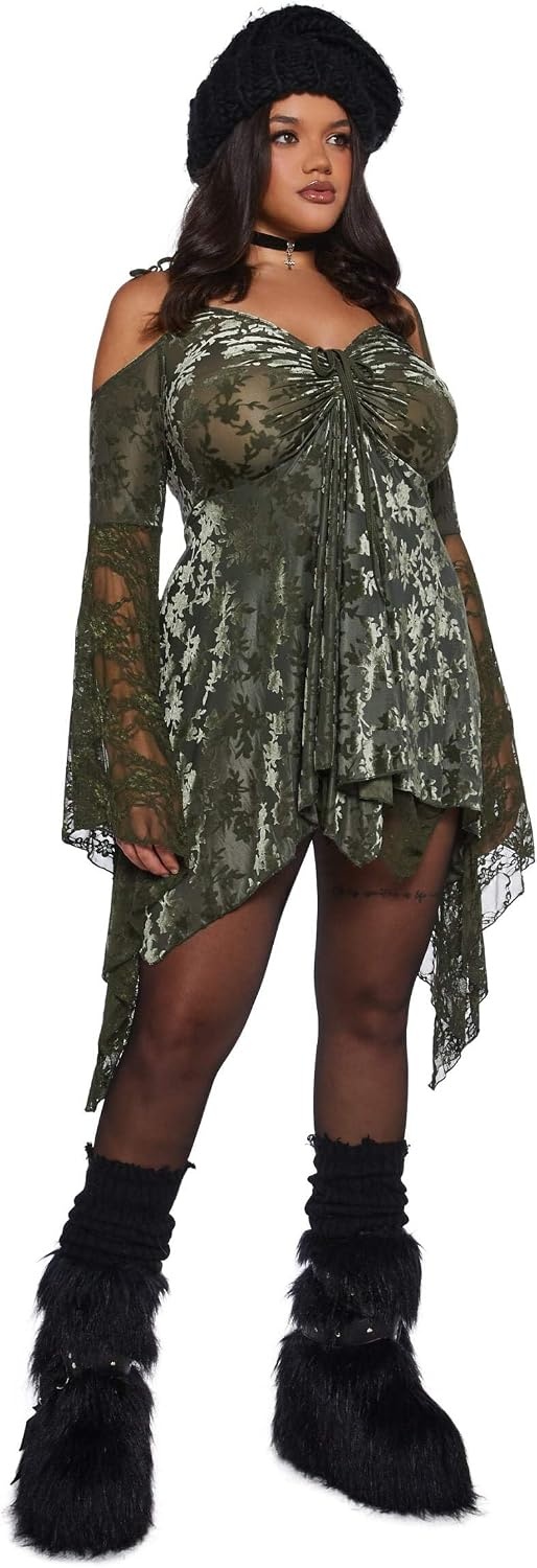 image:imageDolls Kill F is for Fairies Dress by Current Mood Fairycore Mini Dress with OffShoulder Sleeves Tie Straps and Ruched BustGreen Velvet Lace