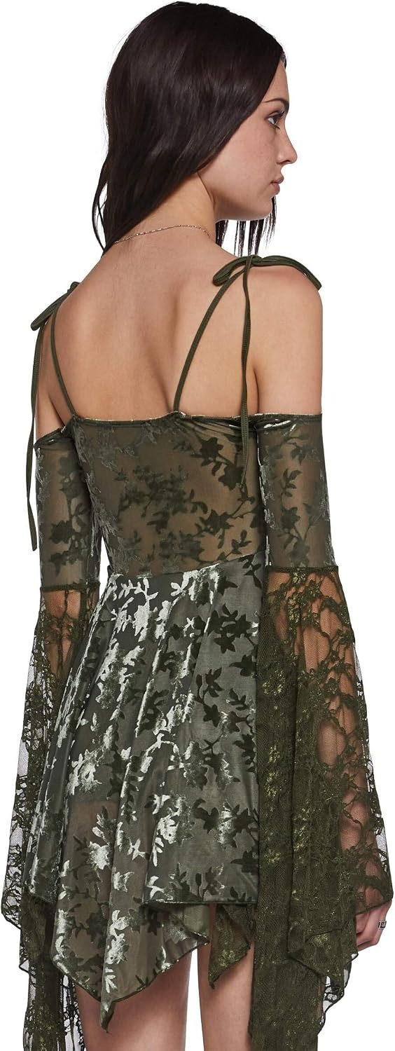 image:imageDolls Kill F is for Fairies Dress by Current Mood Fairycore Mini Dress with OffShoulder Sleeves Tie Straps and Ruched BustGreen Velvet Lace