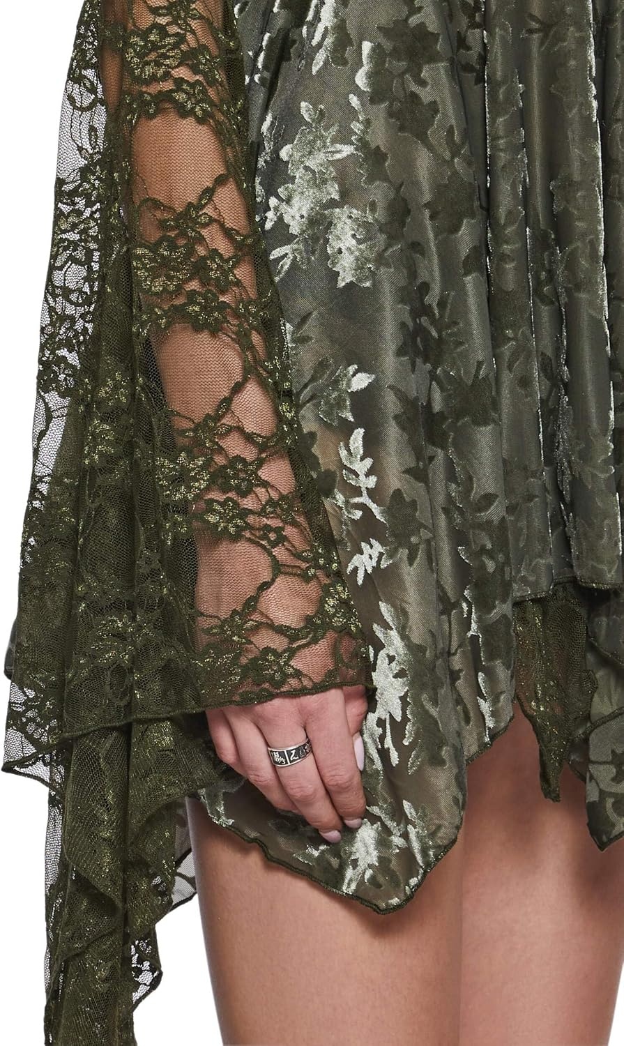 image:imageDolls Kill F is for Fairies Dress by Current Mood Fairycore Mini Dress with OffShoulder Sleeves Tie Straps and Ruched BustGreen Velvet Lace