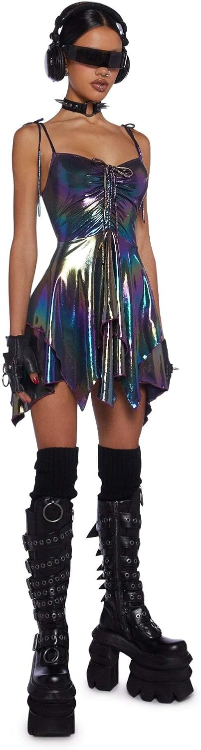 image:imageDolls Kill F is for Fairies Dress by Current Mood Fairycore Mini Dress with OffShoulder Sleeves Tie Straps and Ruched BustHolo Metallic