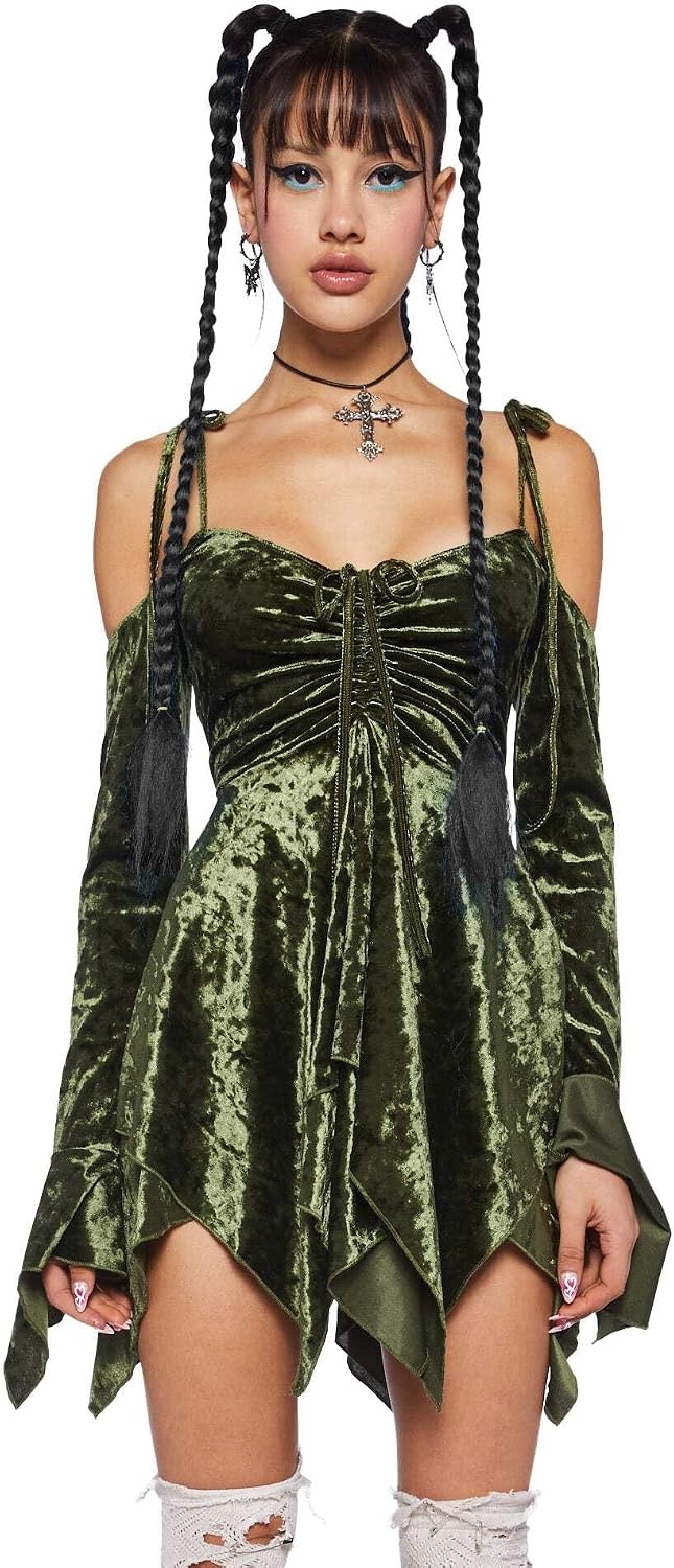 image:imageDolls Kill F is for Fairies Dress by Current Mood Fairycore Mini Dress with OffShoulder Sleeves Tie Straps and Ruched BustOlive Velvet