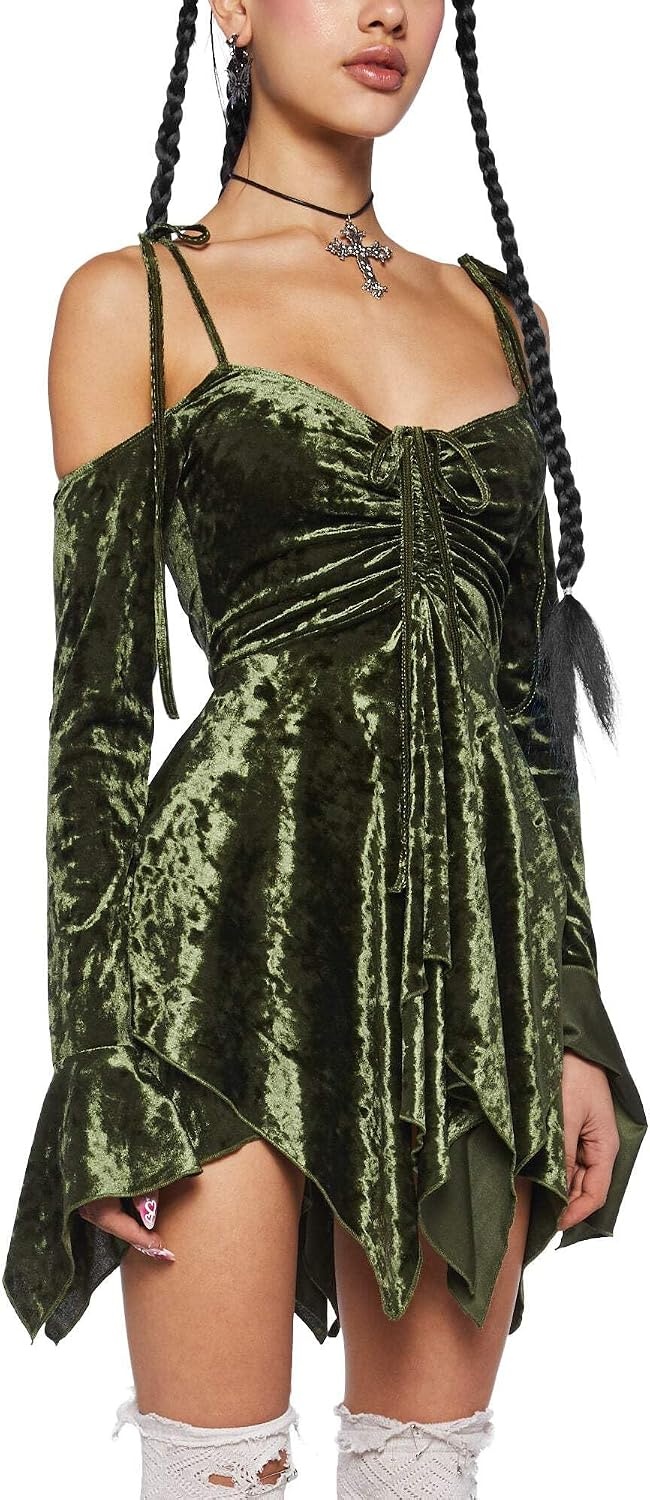 image:imageDolls Kill F is for Fairies Dress by Current Mood Fairycore Mini Dress with OffShoulder Sleeves Tie Straps and Ruched BustOlive Velvet