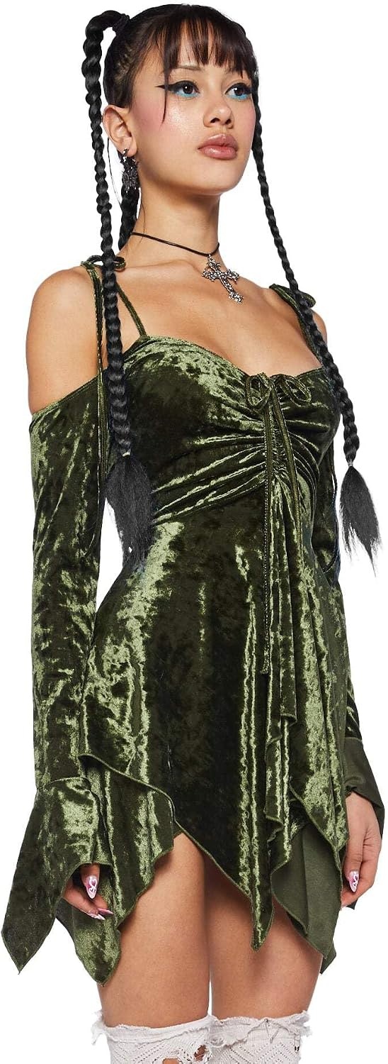 image:imageDolls Kill F is for Fairies Dress by Current Mood Fairycore Mini Dress with OffShoulder Sleeves Tie Straps and Ruched BustOlive Velvet