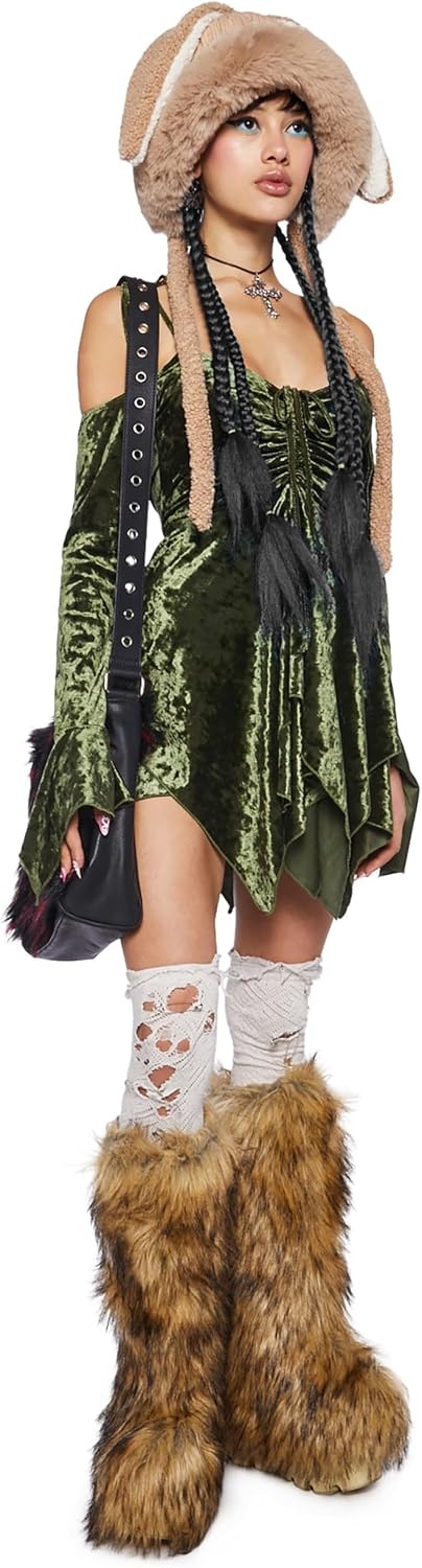 image:imageDolls Kill F is for Fairies Dress by Current Mood Fairycore Mini Dress with OffShoulder Sleeves Tie Straps and Ruched BustOlive Velvet