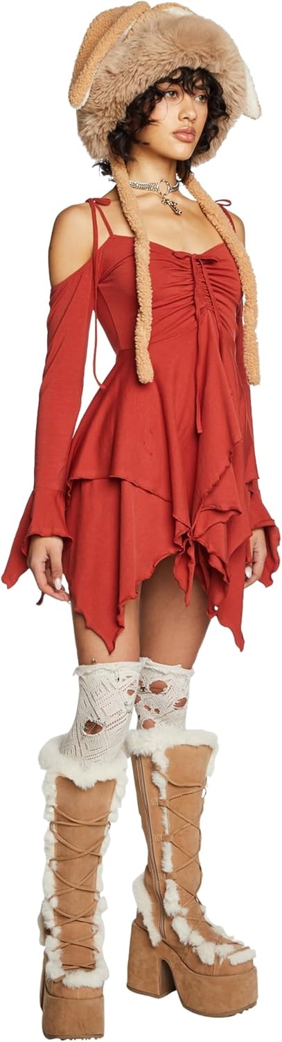 image:imageDolls Kill F is for Fairies Dress by Current Mood Fairycore Mini Dress with OffShoulder Sleeves Tie Straps and Ruched BustOrange