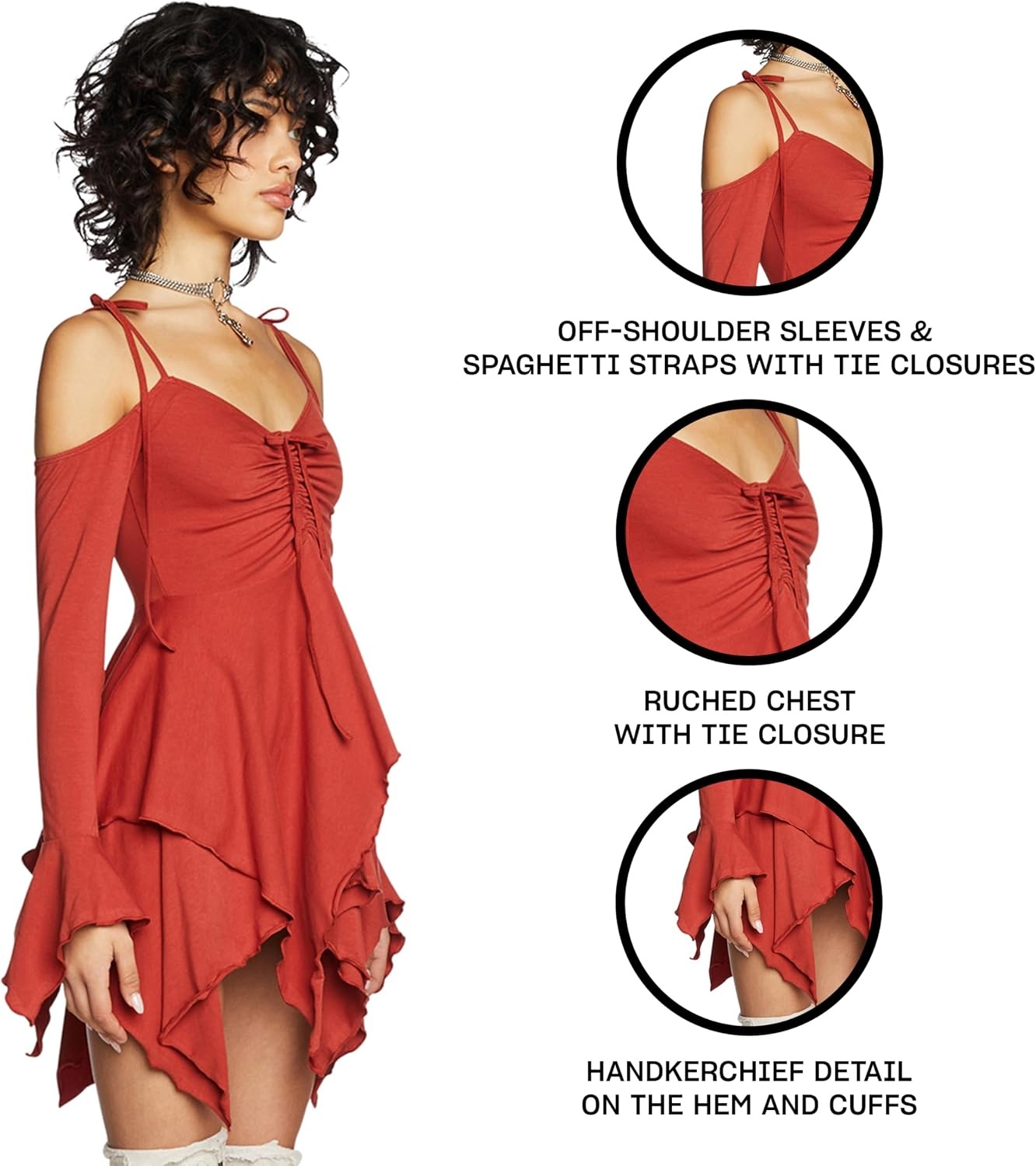 image:imageDolls Kill F is for Fairies Dress by Current Mood Fairycore Mini Dress with OffShoulder Sleeves Tie Straps and Ruched BustOrange
