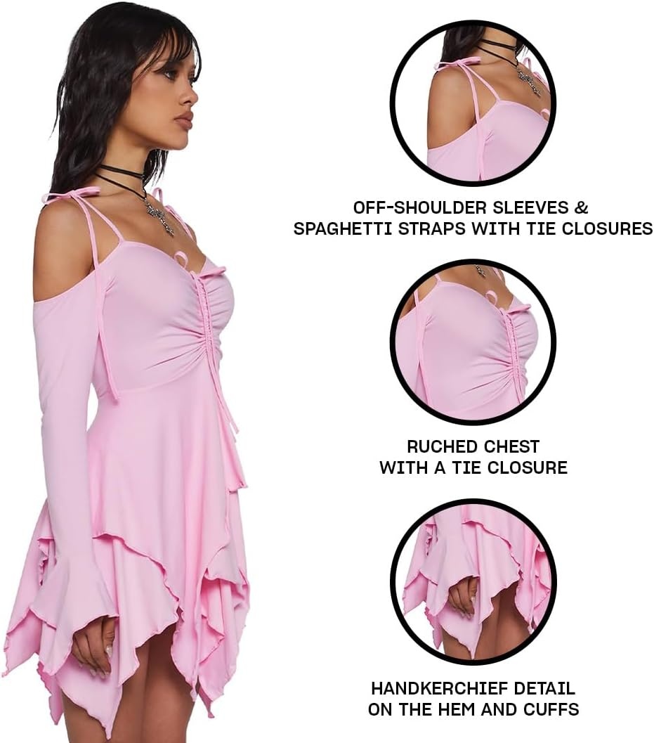 image:imageDolls Kill F is for Fairies Dress by Current Mood Fairycore Mini Dress with OffShoulder Sleeves Tie Straps and Ruched BustPink