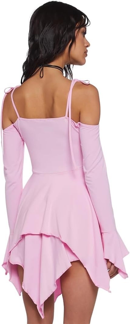 image:imageDolls Kill F is for Fairies Dress by Current Mood Fairycore Mini Dress with OffShoulder Sleeves Tie Straps and Ruched BustPink