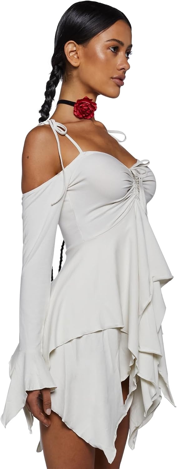 image:imageDolls Kill F is for Fairies Dress by Current Mood Fairycore Mini Dress with OffShoulder Sleeves Tie Straps and Ruched BustWhite